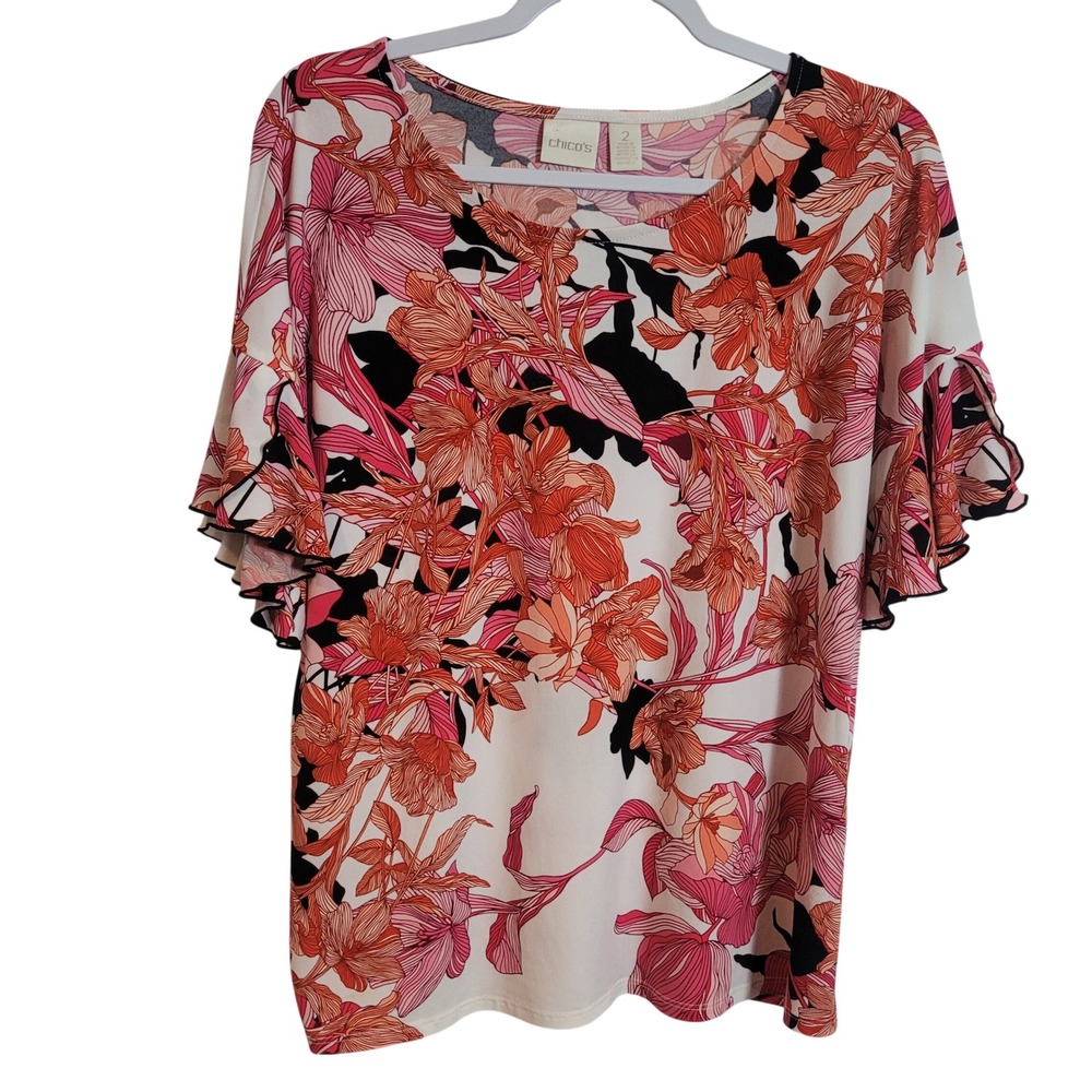 Chico's Women Size 2 Large Floral Scoop Neck Ruffle Sleeve Blouse Pink Orange